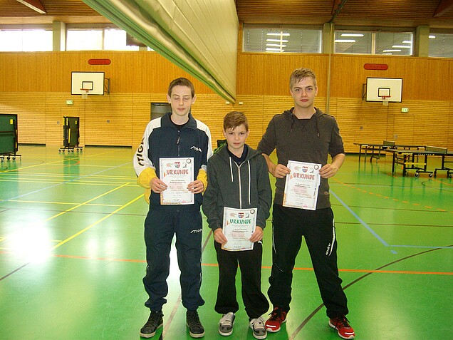 Bei den Jungen gewann Lukas Grötsch vom TV Ochsenfurt (von links) vor seinem Vereinskameraden Yannik Weger und Daniel Buchert (TSV Bad Königshofen). / Bild: H.-G. Ziegler