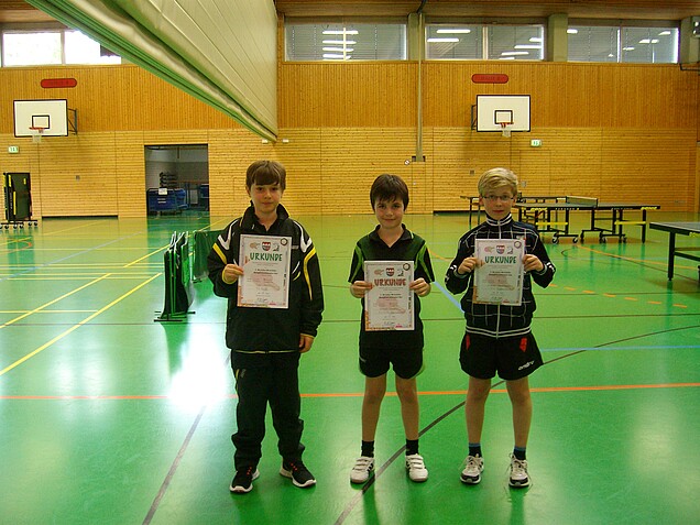 Bei den Schülern B siegte Henrik Graser (TV/DJK Hammelburg – Mitte) vor Luca Hemmkeppler (TV Ochsenfurt – rechts) und Ilja Horn (TG Zell – links). / Bild: H.-G. Ziegler